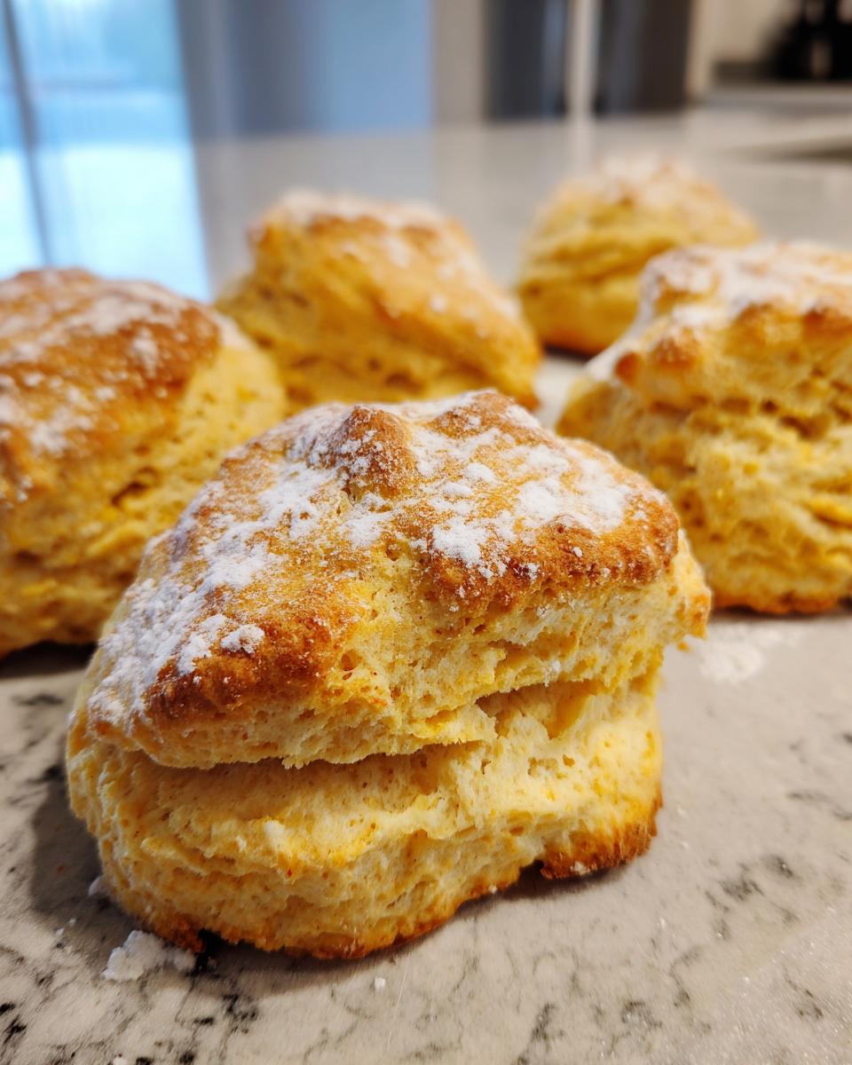 Close-up of freshly baked Pumpkin Biscuits dusted with powdered sugar, ready to eat.