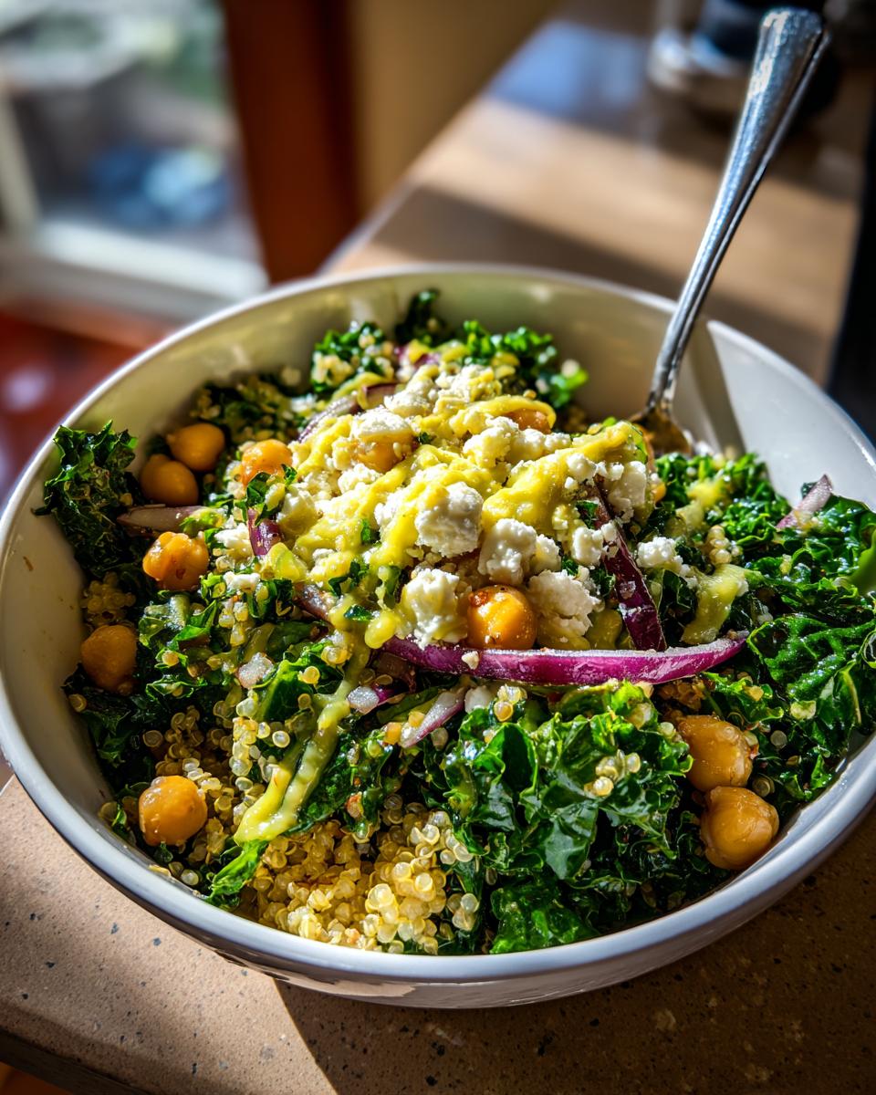 Close-up of a Quinoa Kale Power Bowl with chickpeas, red onion, and lemon vinaigrette.
