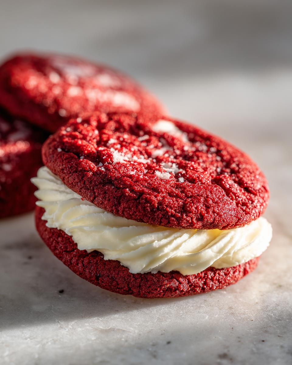 Close-up of a red velvet cookie sandwich filled with creamy white frosting and sprinkled with sugar.