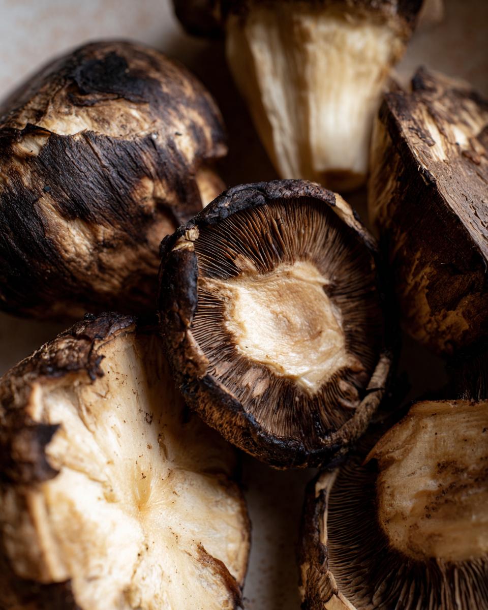 Close-up of roasted mushrooms, ingredients for Creamy Polenta with Mushrooms.