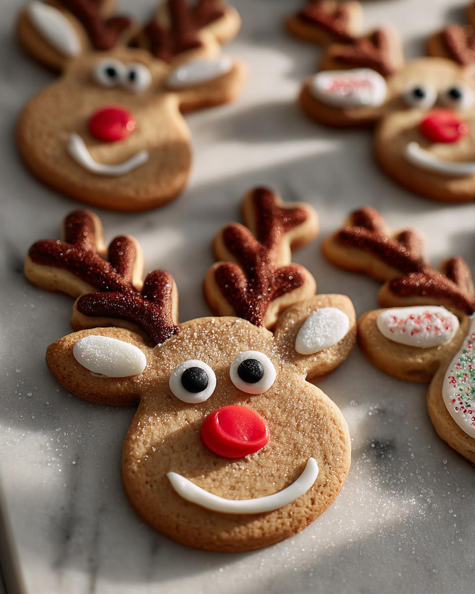 Close-up of decorated Rudolph the Red-Nosed Reindeer sugar cookies with red candy noses and sparkling antlers.