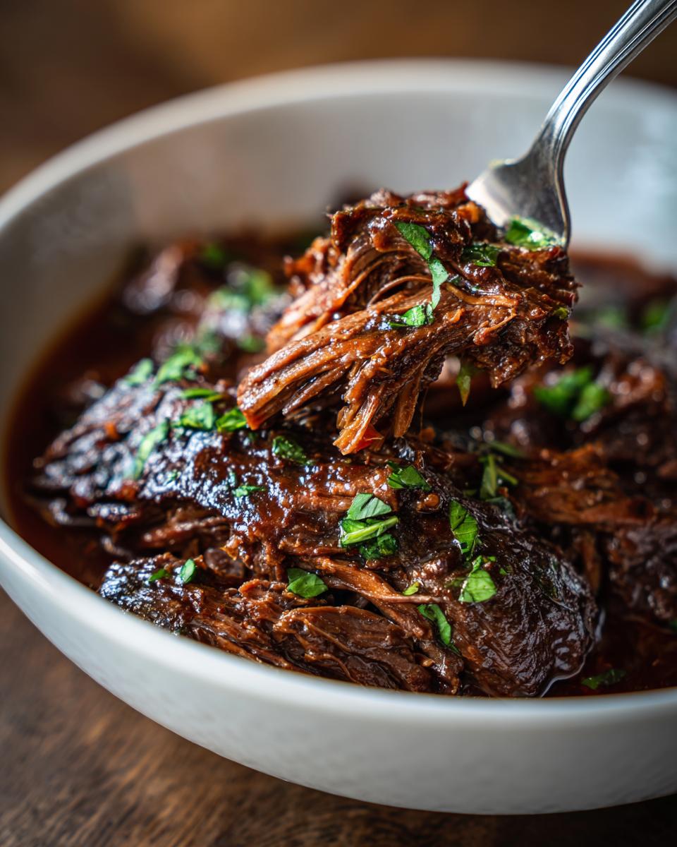 Close-up of a fork lifting a piece of Rustic Red Wine Pot Roast from a white bowl.