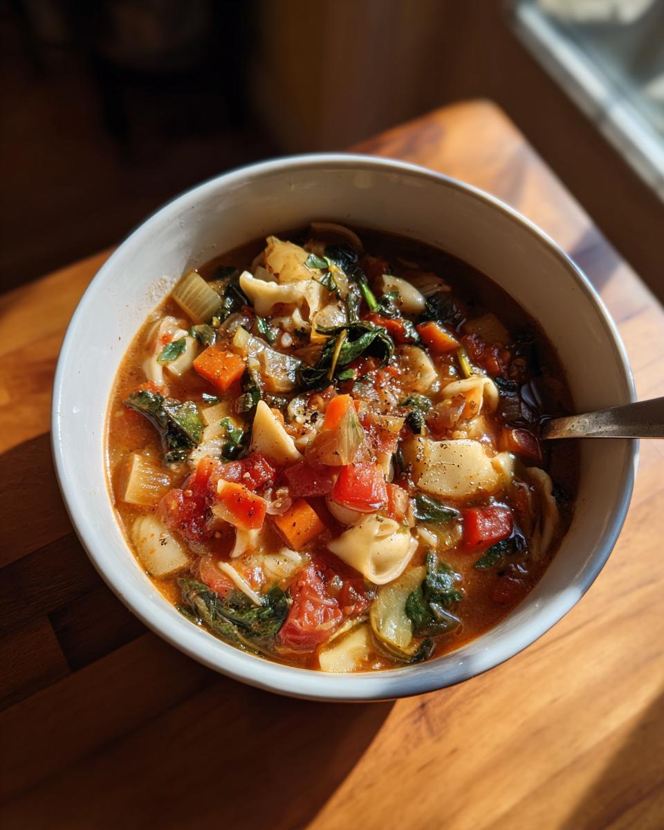 Close-up of a bowl of Rustic Vegetable Minestrone with pasta, vegetables, and herbs.