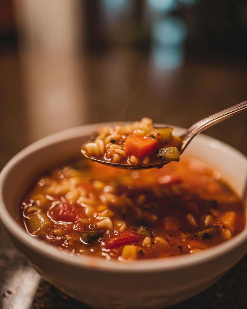 Close-up of a spoonful of Rustic Vegetable Minestrone soup with pasta and vegetables.