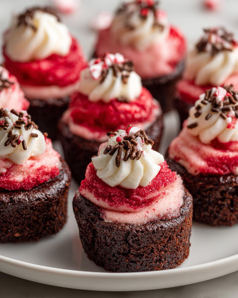 Close-up of Santa Hat Brownie Bites, chocolate brownies topped with red and white frosting, and sprinkles.
