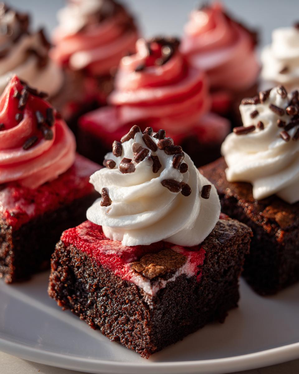 Close-up of Santa Hat Brownie Bites, brownies topped with red frosting and white frosting, perfect for the holidays.