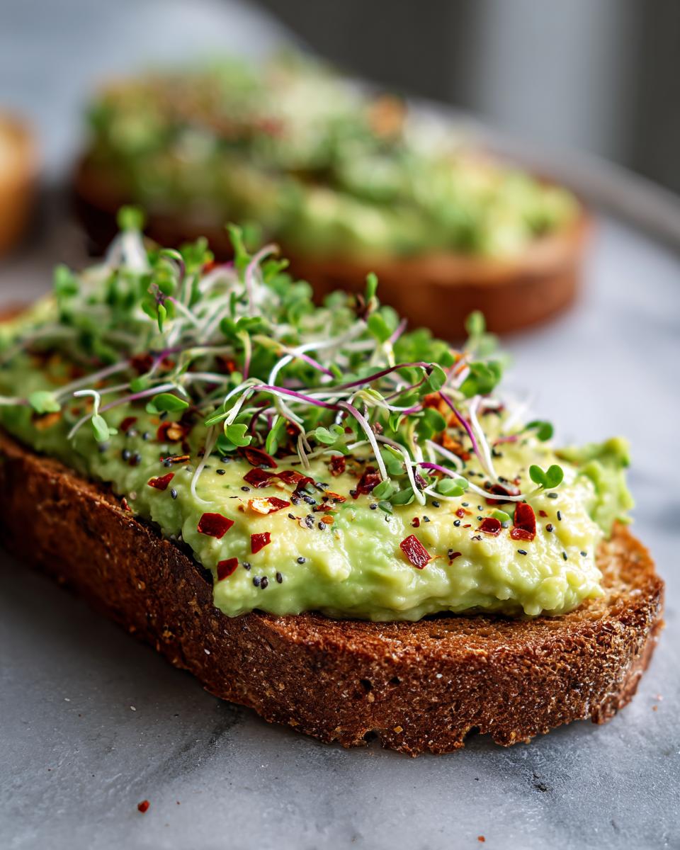Close-up of Savory Chia Pudding Avocado Toast topped with fresh sprouts and chili flakes on whole wheat bread.