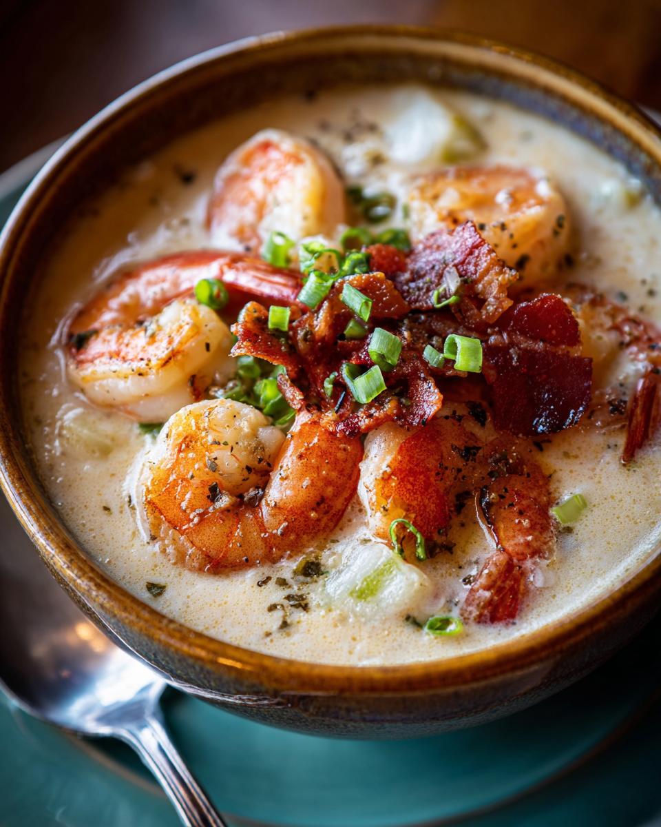 Close-up of a bowl of Seafood Chowder with Shrimp, topped with bacon and chives.