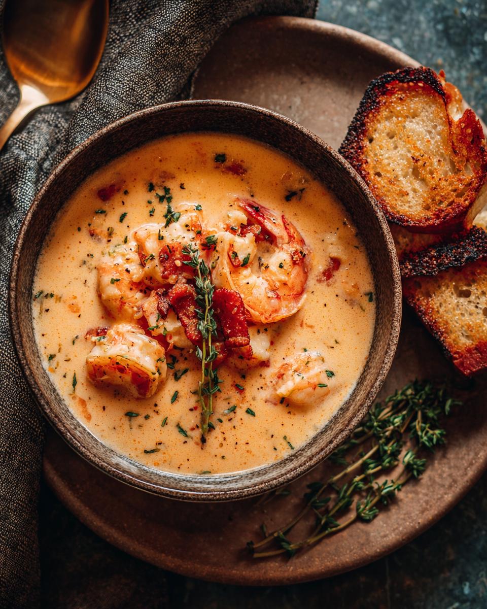 Overhead shot of creamy Seafood Chowder with Shrimp in a bowl, with toasted bread.