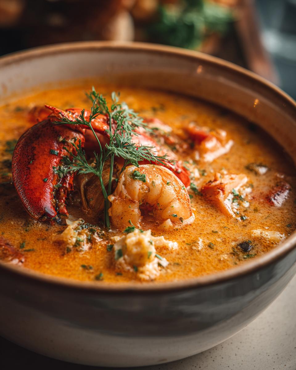 Close-up of a bowl of Seafood Chowder with Shrimp, garnished with fresh herbs.