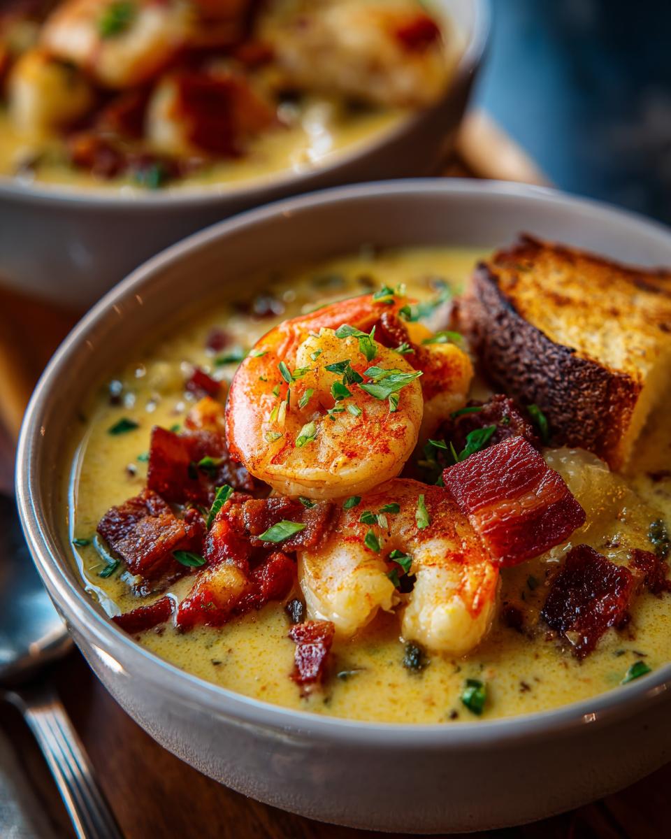 Close-up of a bowl of Seafood Chowder with Shrimp, bacon, and toasted bread.