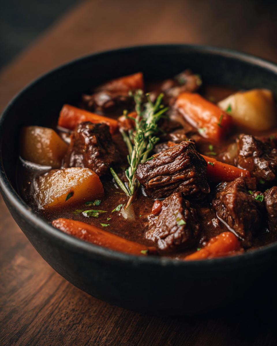 Close-up of a bowl of Slow Cooker Beef Stew Soup with beef, carrots, and potatoes.