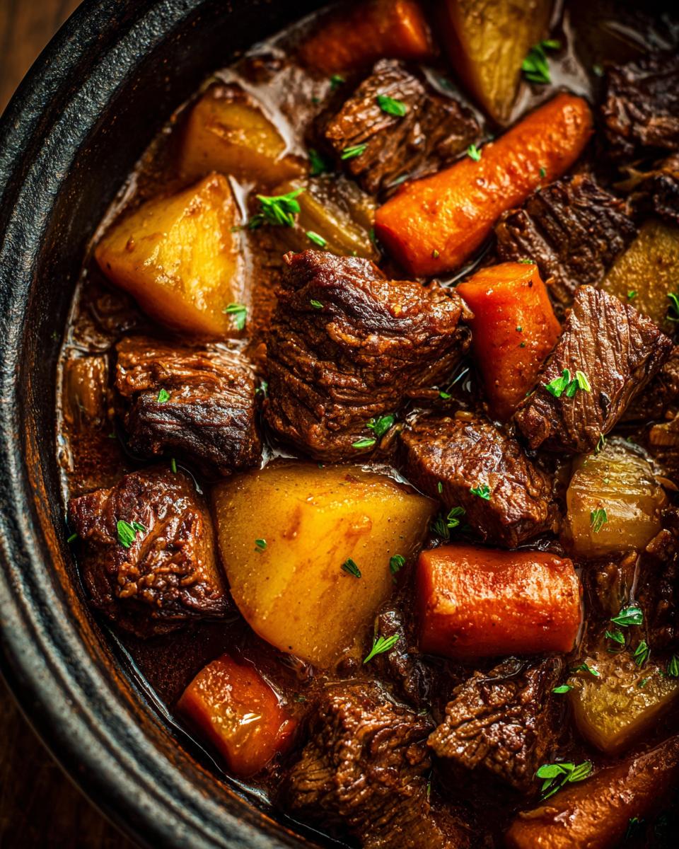 Close-up of a hearty Slow Cooker Beef Stew Soup with tender beef, carrots, and potatoes.