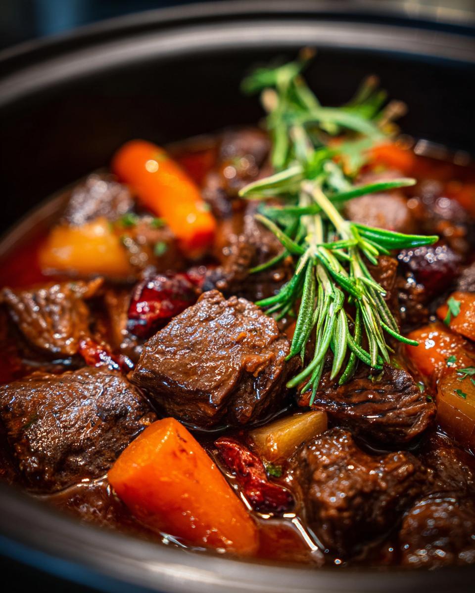 Close-up of a delicious Slow Cooker Beef Stew Soup with beef, carrots, potatoes, and herbs.