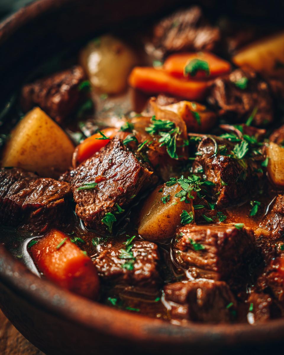 Close-up of delicious Slow Cooker Beef Stew Soup with beef, carrots, potatoes, and herbs.