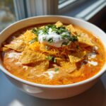 A bowl of Slow-Cooker Creamy Tortilla Soup topped with cheese, sour cream, cilantro, and tortilla chips.