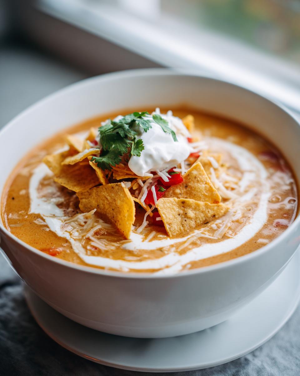 A bowl of creamy Slow-Cooker Creamy Tortilla Soup, topped with tortilla chips, sour cream, and cilantro.
