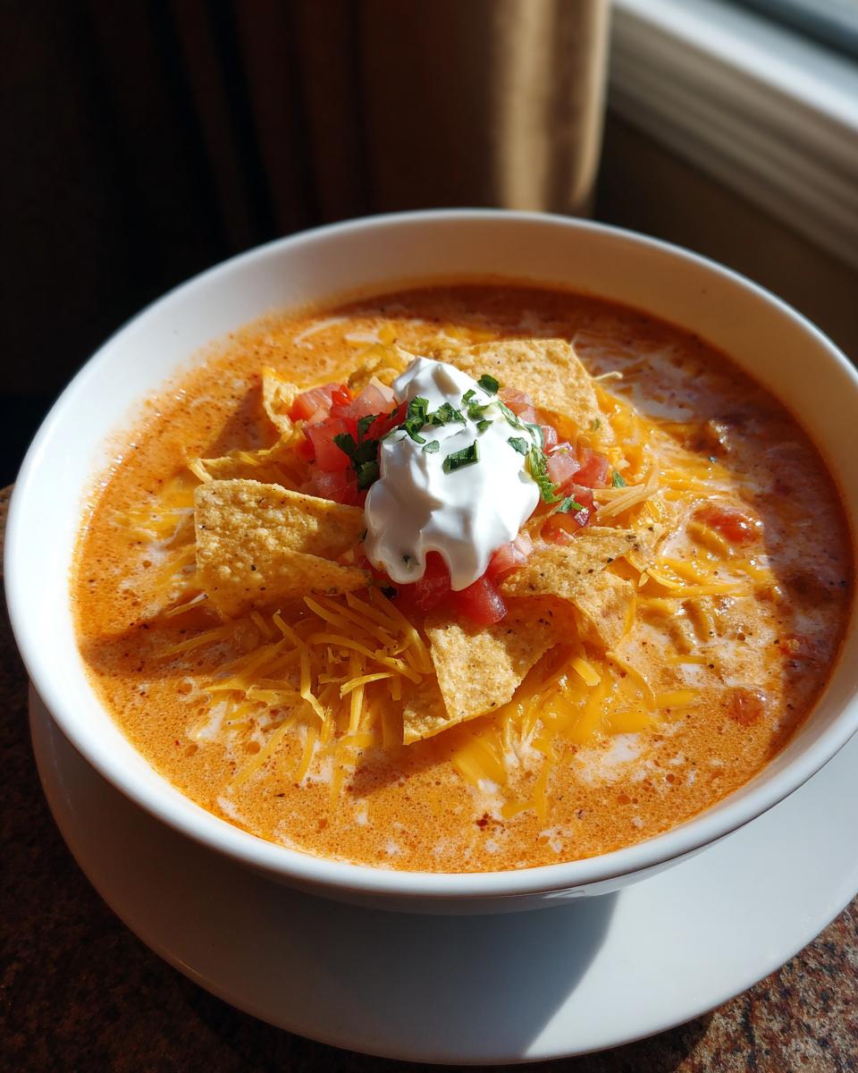 A bowl of creamy Slow-Cooker Creamy Tortilla Soup, topped with sour cream and tortilla chips.