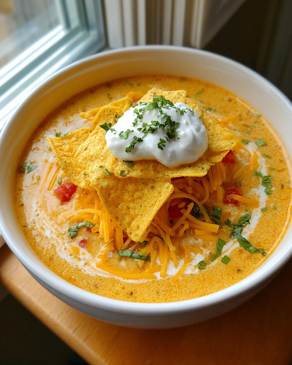 Close-up of a bowl of Slow-Cooker Creamy Tortilla Soup, topped with tortilla chips, sour cream, and cilantro.