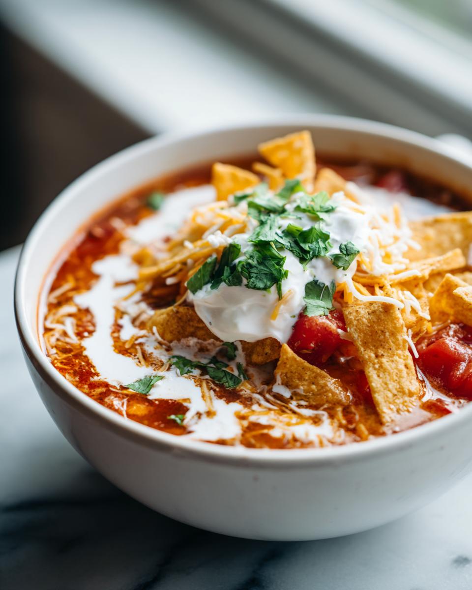 Close-up of a bowl of Slow-Cooker Creamy Tortilla Soup, topped with sour cream, cheese, and tortilla strips.