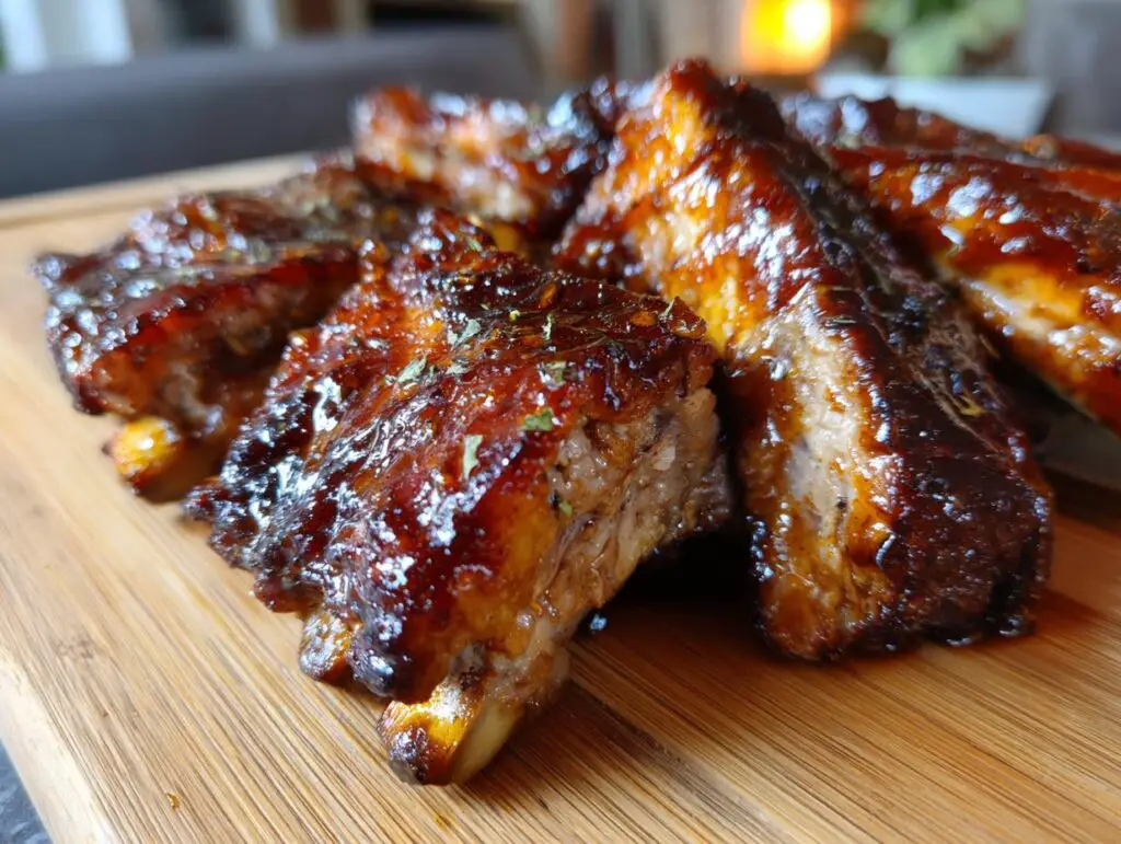 Close-up of glistening Slow Cooker Honey Garlic Pork Ribs on a wooden cutting board.