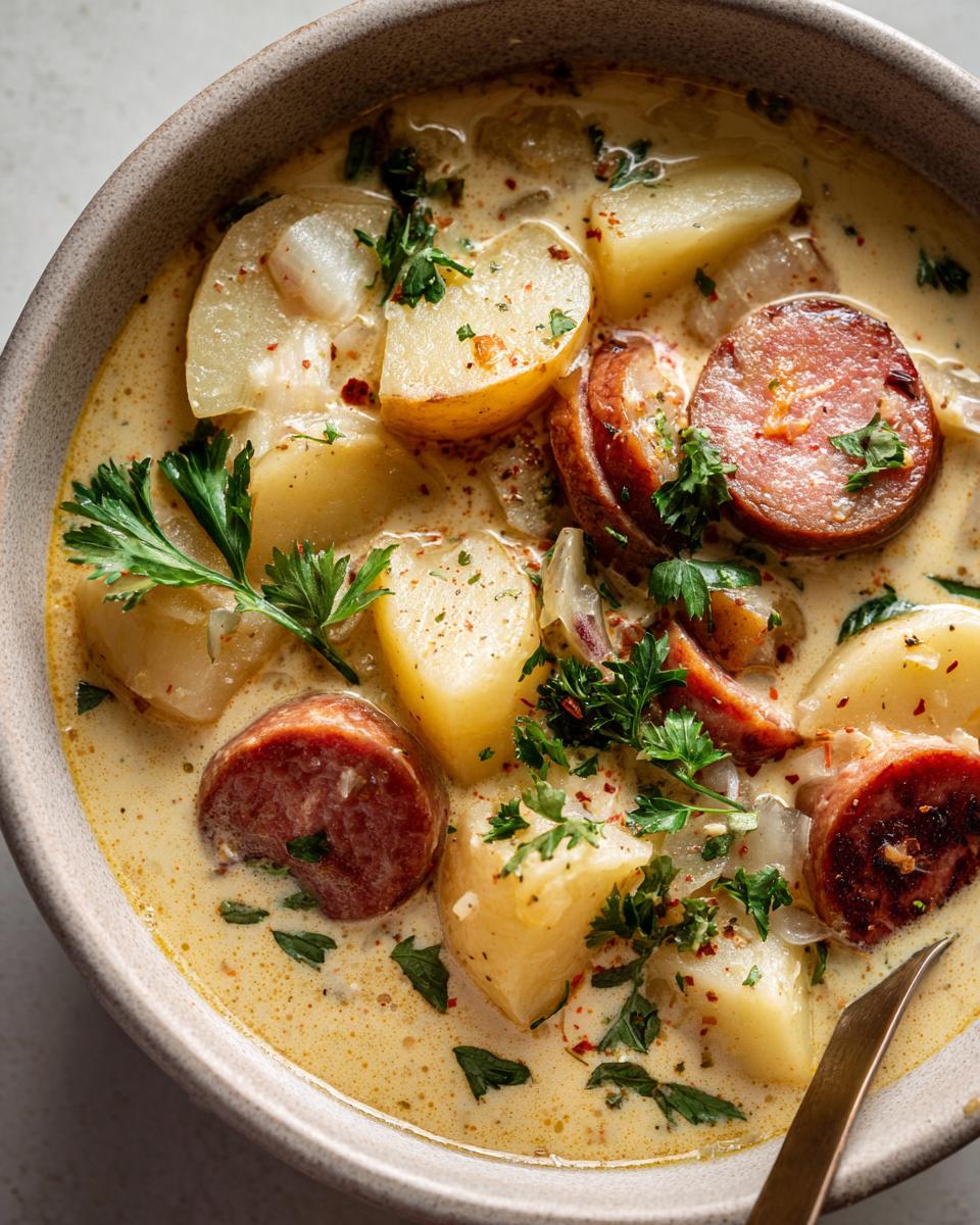 Overhead shot of a bowl of creamy Smoked Sausage & Potato Soup with potatoes and sausage.