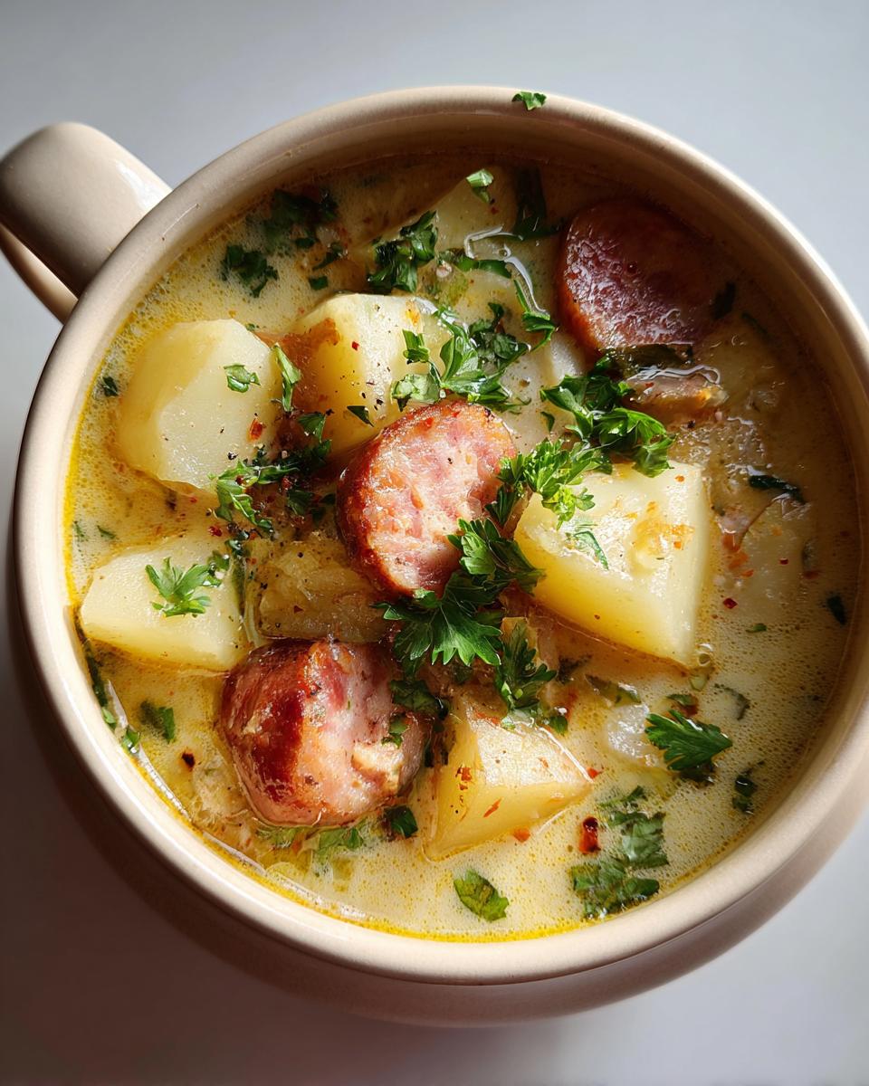 Close-up of a bowl of Smoked Sausage & Potato Soup, garnished with parsley.