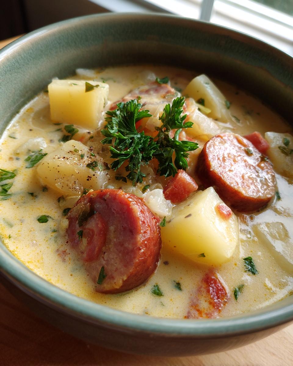 Close-up of a bowl of creamy Smoked Sausage & Potato Soup, garnished with parsley.