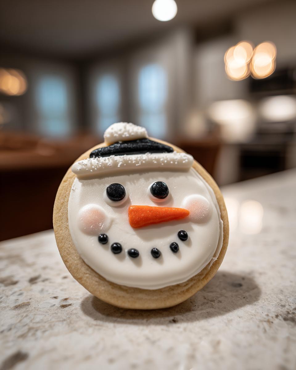 Close-up of an adorable snowman hat cookie with white icing, black eyes, orange carrot nose, and black mouth dots.