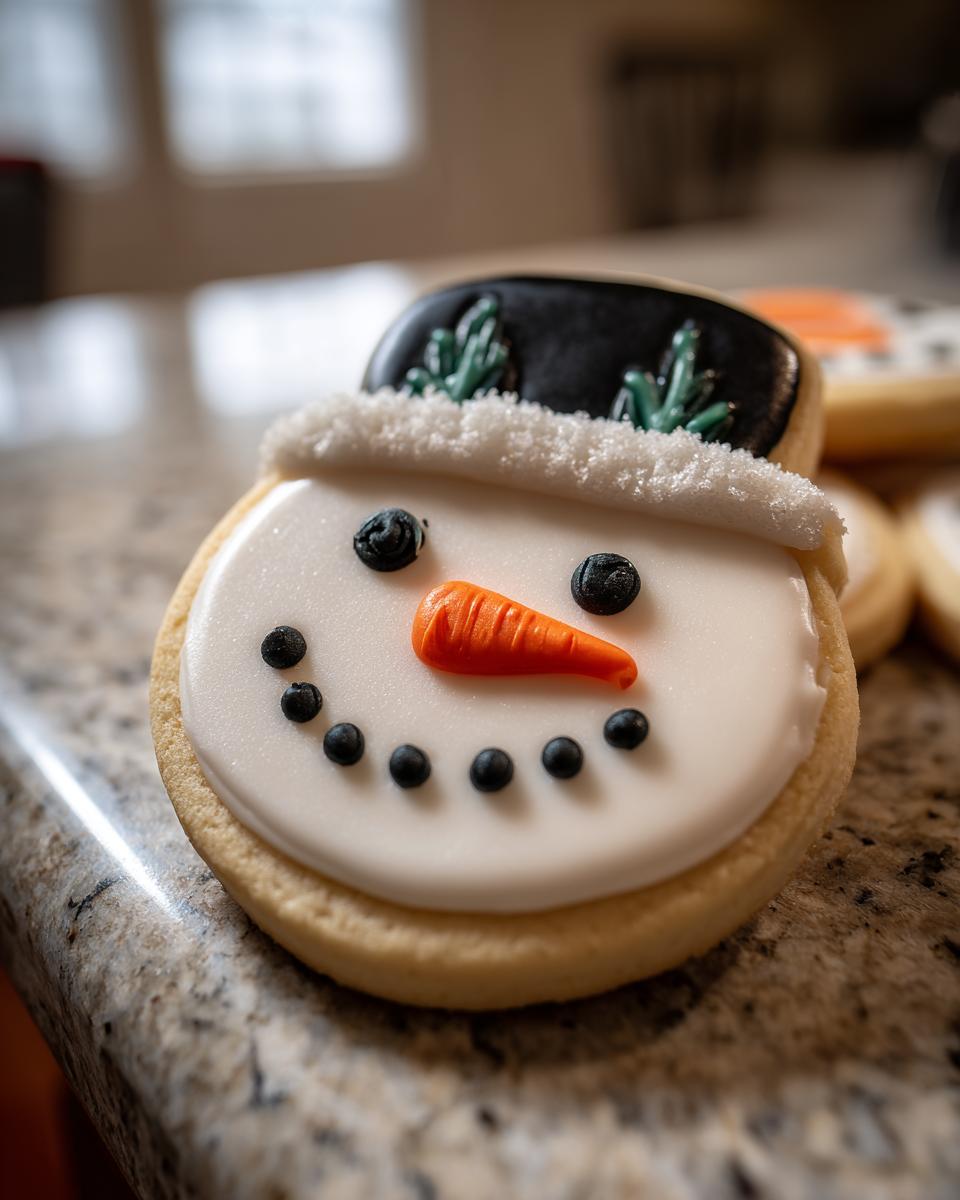 Close-up of an adorable snowman hat cookie with white icing, black eyes, a carrot nose, and a black hat with green accents.