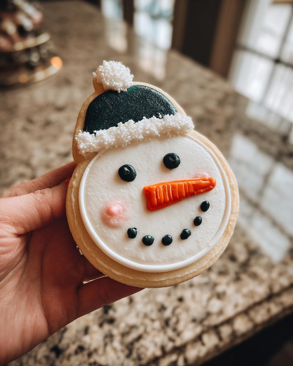 A hand holds an adorable Snowman Hat Cookie decorated with white icing, black eyes, a carrot nose, and a festive hat.