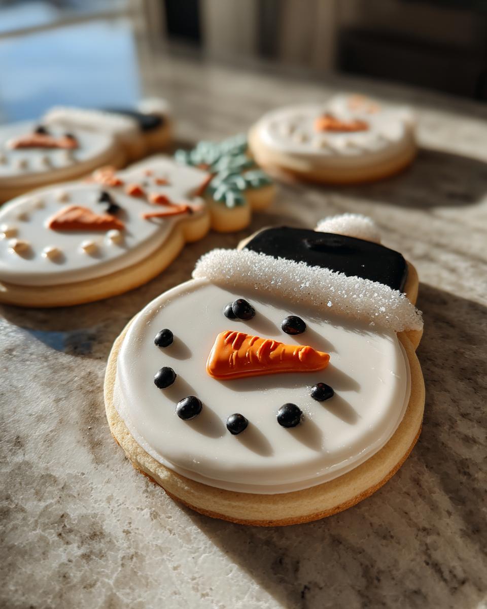 Close-up of adorable Snowman Hat Cookies decorated with white icing, orange carrot noses, and black eyes.