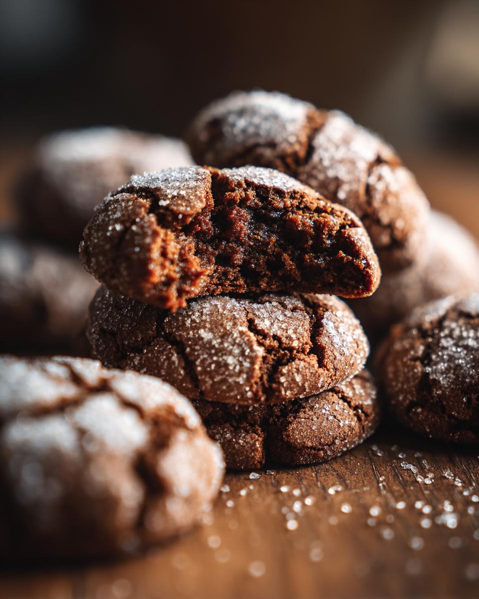 A close-up of a stack of soft Gingerbread Crinkle Cookies, one broken open to show its chewy interior.