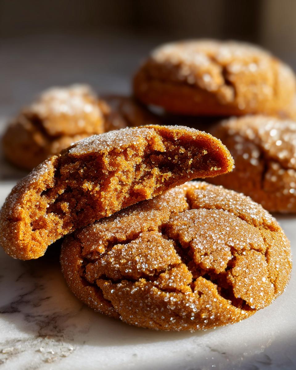 Close-up of soft Gingerbread Crinkle Cookies, one broken in half to show its chewy texture, coated in sparkling sugar.