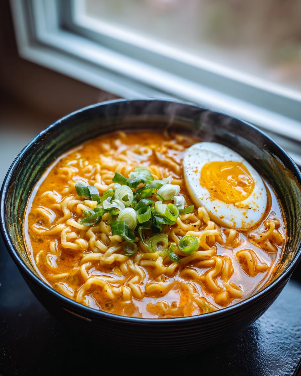 Close-up of a bowl of Spicy Ramen Noodle Soup with egg and green onions.