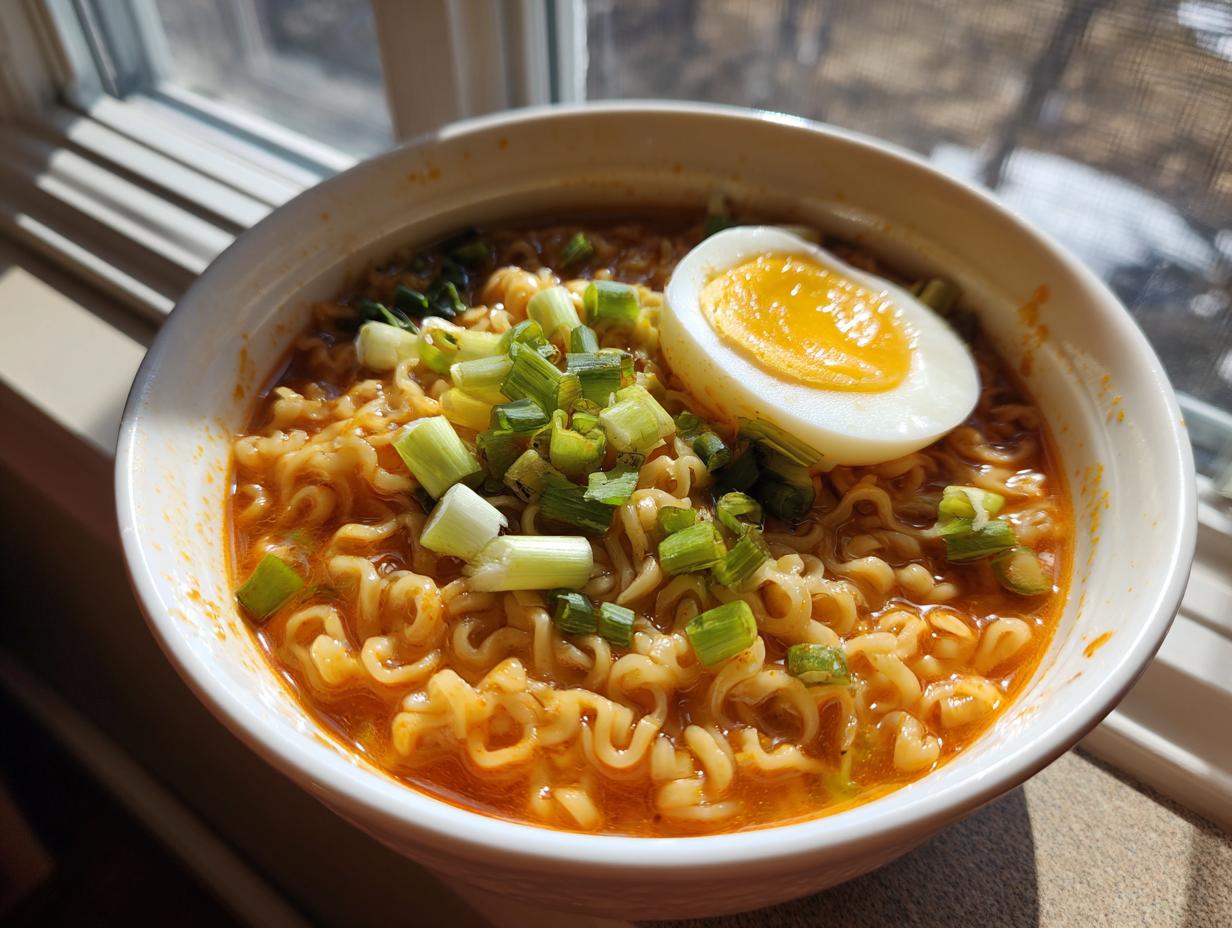 A bowl of Spicy Ramen Noodle Soup with egg and green onions.