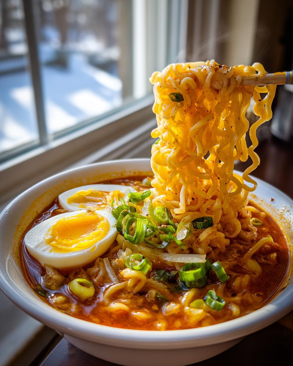 Close-up of a bowl of Spicy Ramen Noodle Soup with egg and noodles being lifted by chopsticks.