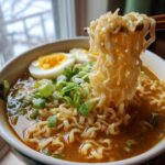 Close-up of Spicy Ramen Noodle Soup with egg and green onions, noodles being lifted by chopsticks.