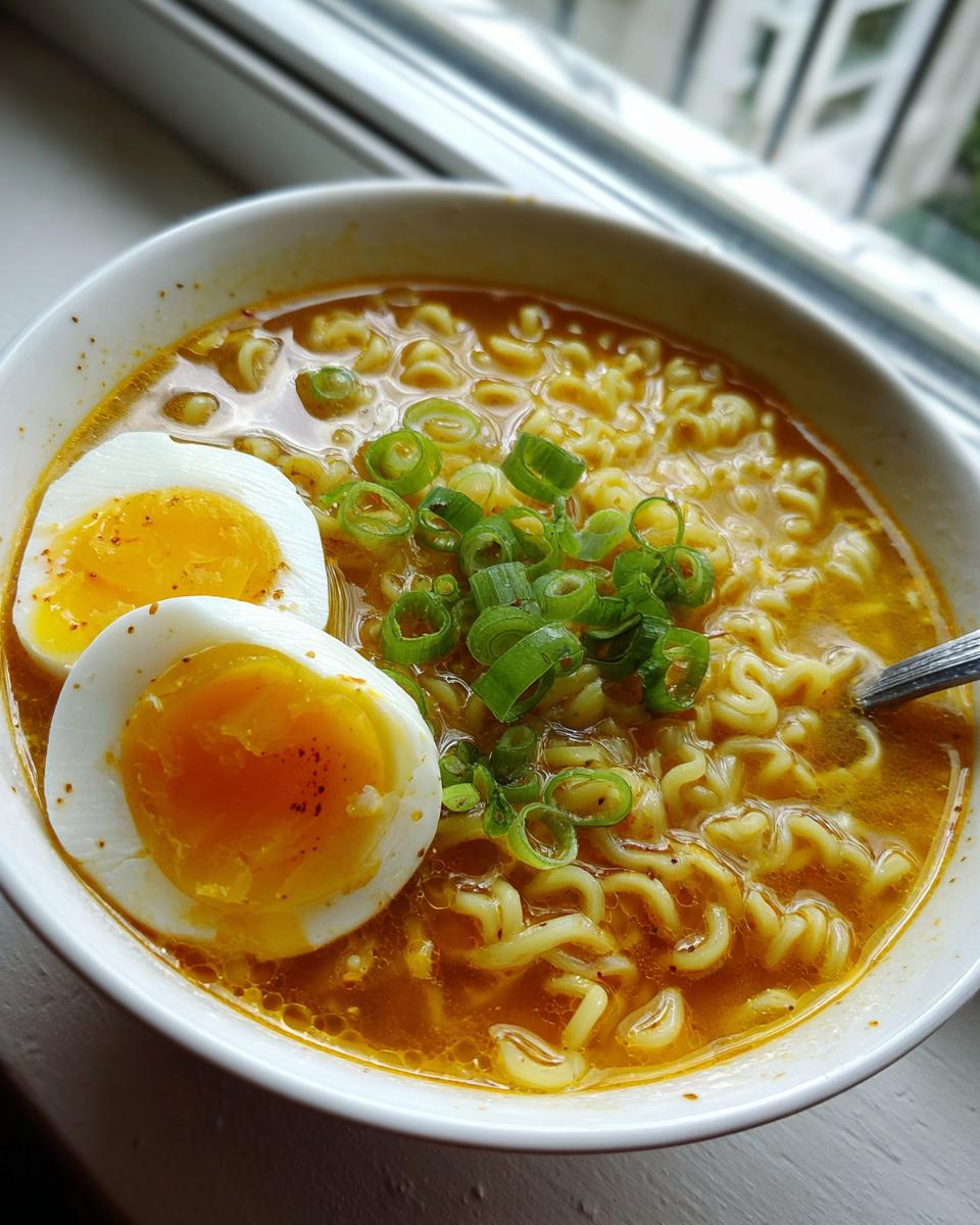 Close-up of a bowl of Spicy Ramen Noodle Soup with a soft-boiled egg and green onions.