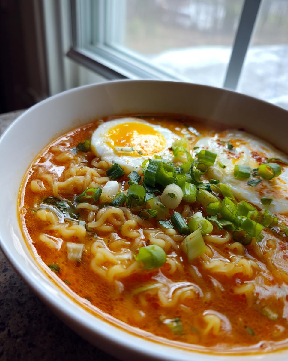 Close-up of a bowl of Spicy Ramen Noodle Soup with egg and green onions.