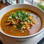 Close-up of a bowl of Thai-Inspired Coconut Chicken Soup, garnished with cilantro and onions.