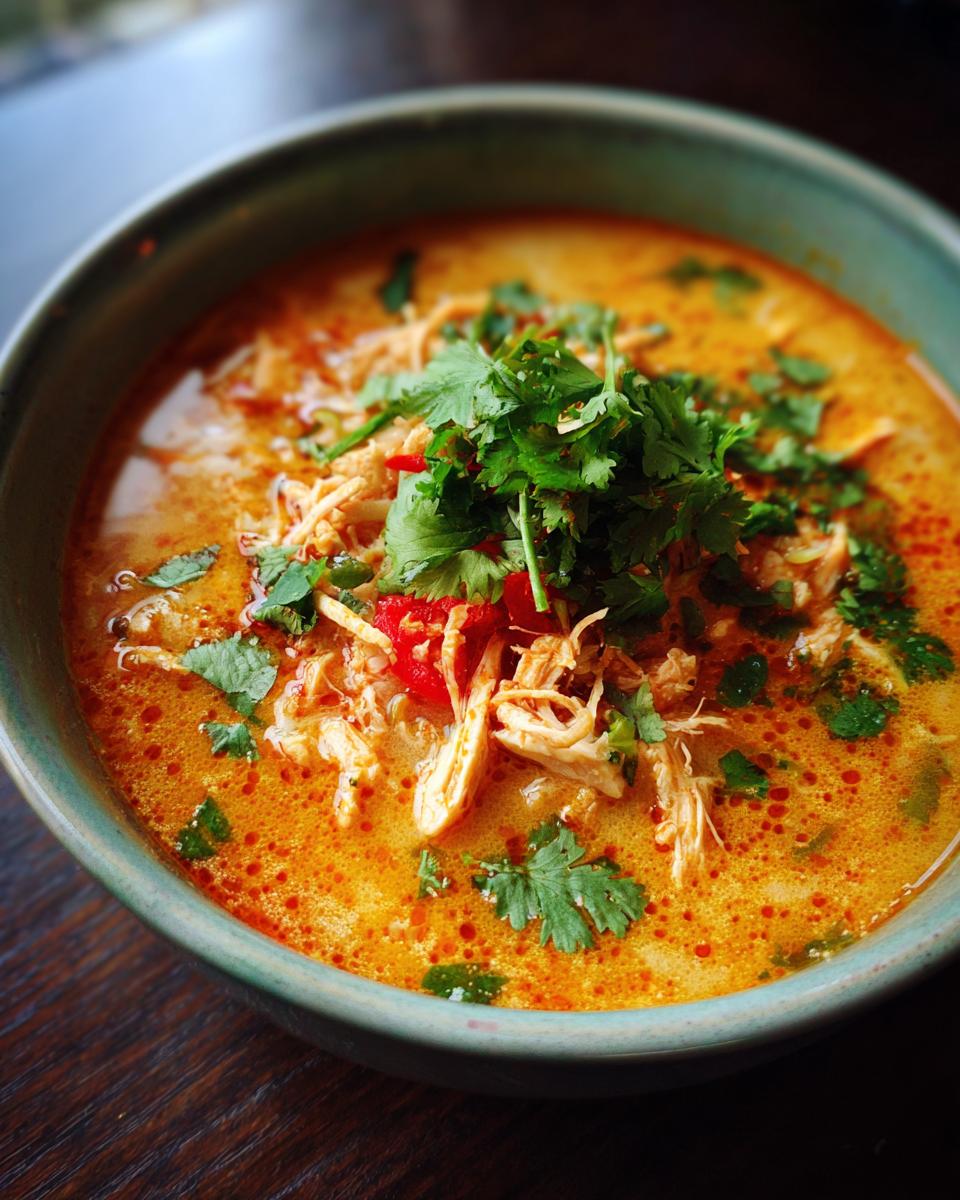 Close-up of a bowl of Thai-Inspired Coconut Chicken Soup, garnished with cilantro.