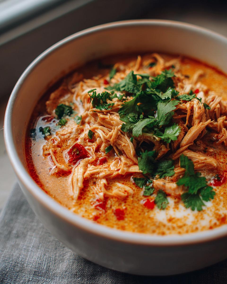Close-up of a bowl of Thai-Inspired Coconut Chicken Soup, garnished with cilantro.