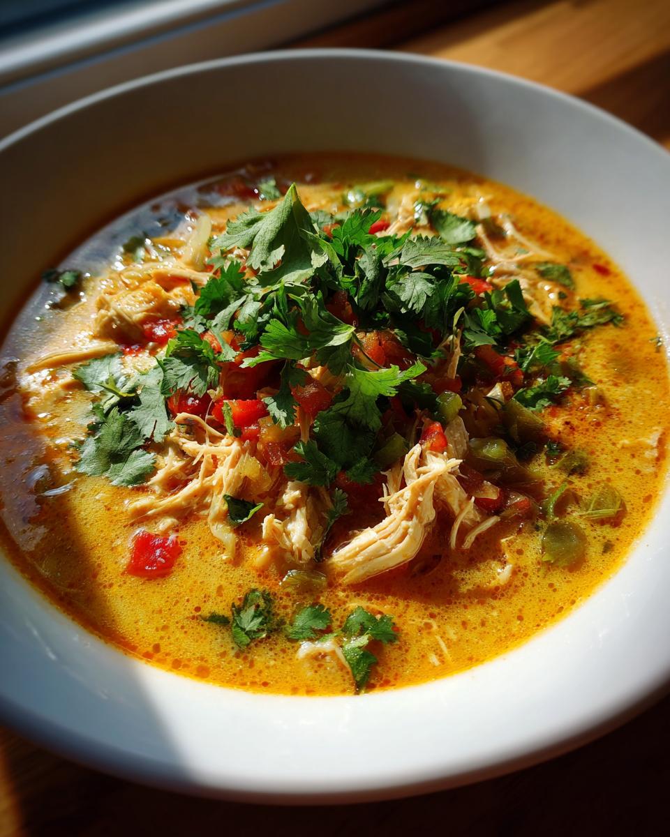 Close-up of a bowl of Thai-Inspired Coconut Chicken Soup with chicken, vegetables, and cilantro.