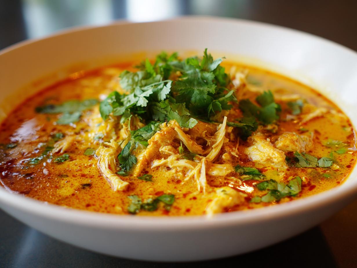 Close-up of a bowl of Thai-Inspired Coconut Chicken Soup, garnished with fresh cilantro.