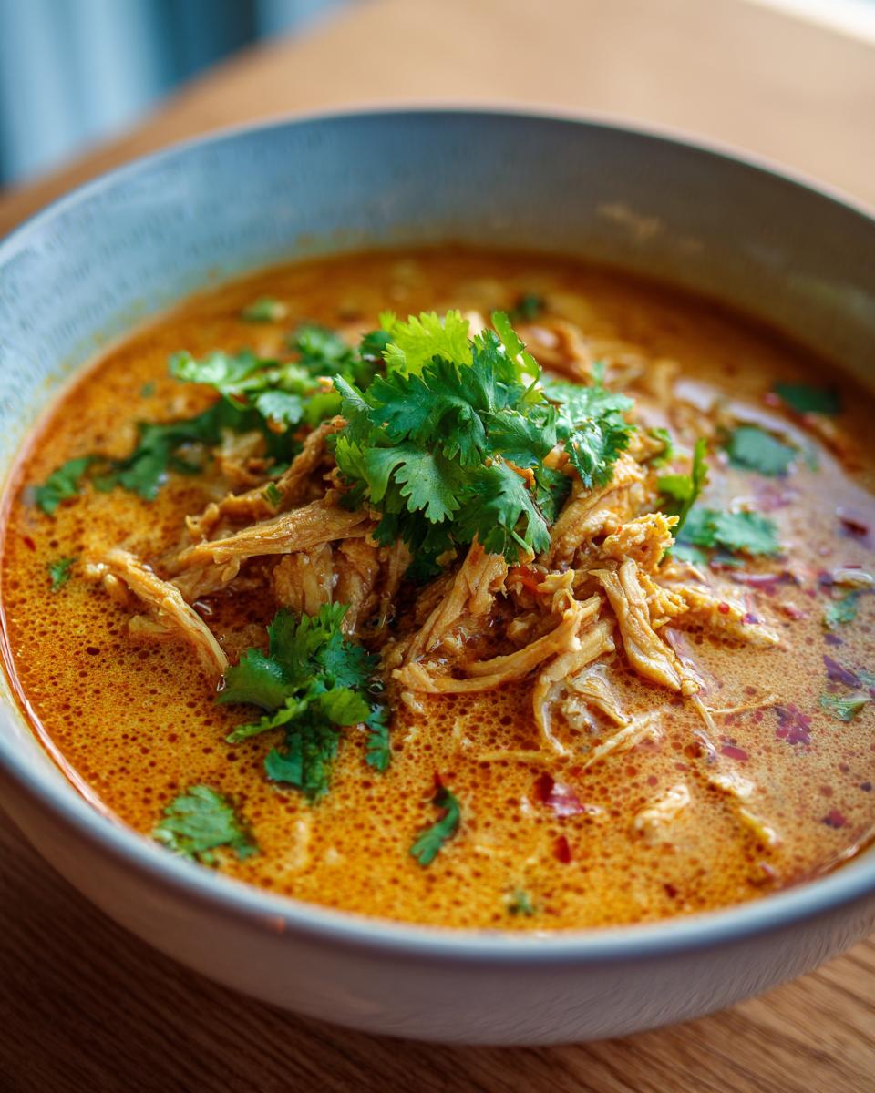 Close-up of a bowl of Thai-Inspired Coconut Chicken Soup, garnished with fresh cilantro.