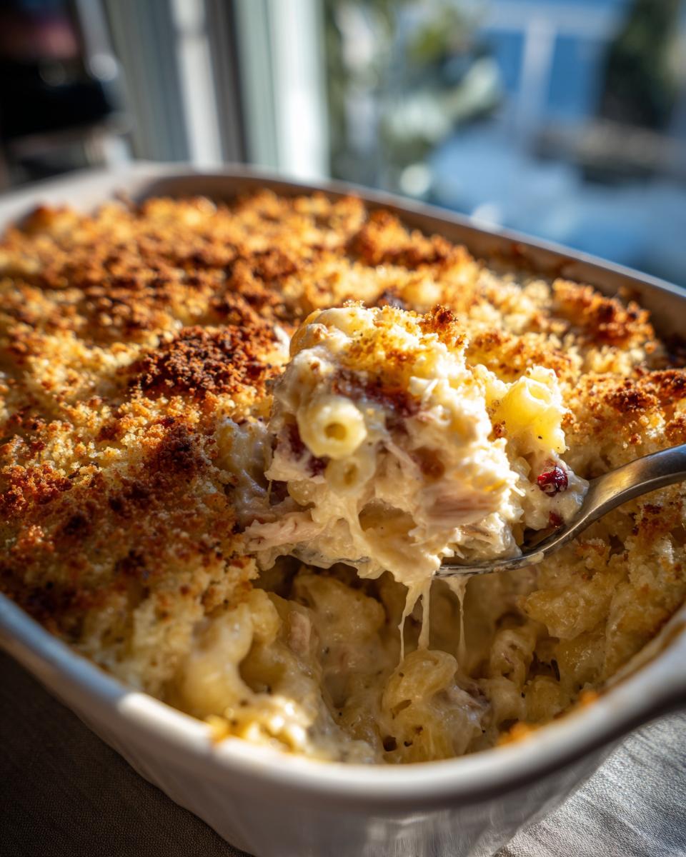 Close-up of creamy Thanksgiving Mac and Cheese with a golden, crispy topping, being scooped with a spoon.