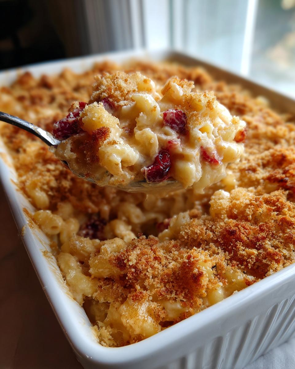 Close-up of Thanksgiving Mac and Cheese with cranberries and a crispy breadcrumb topping.