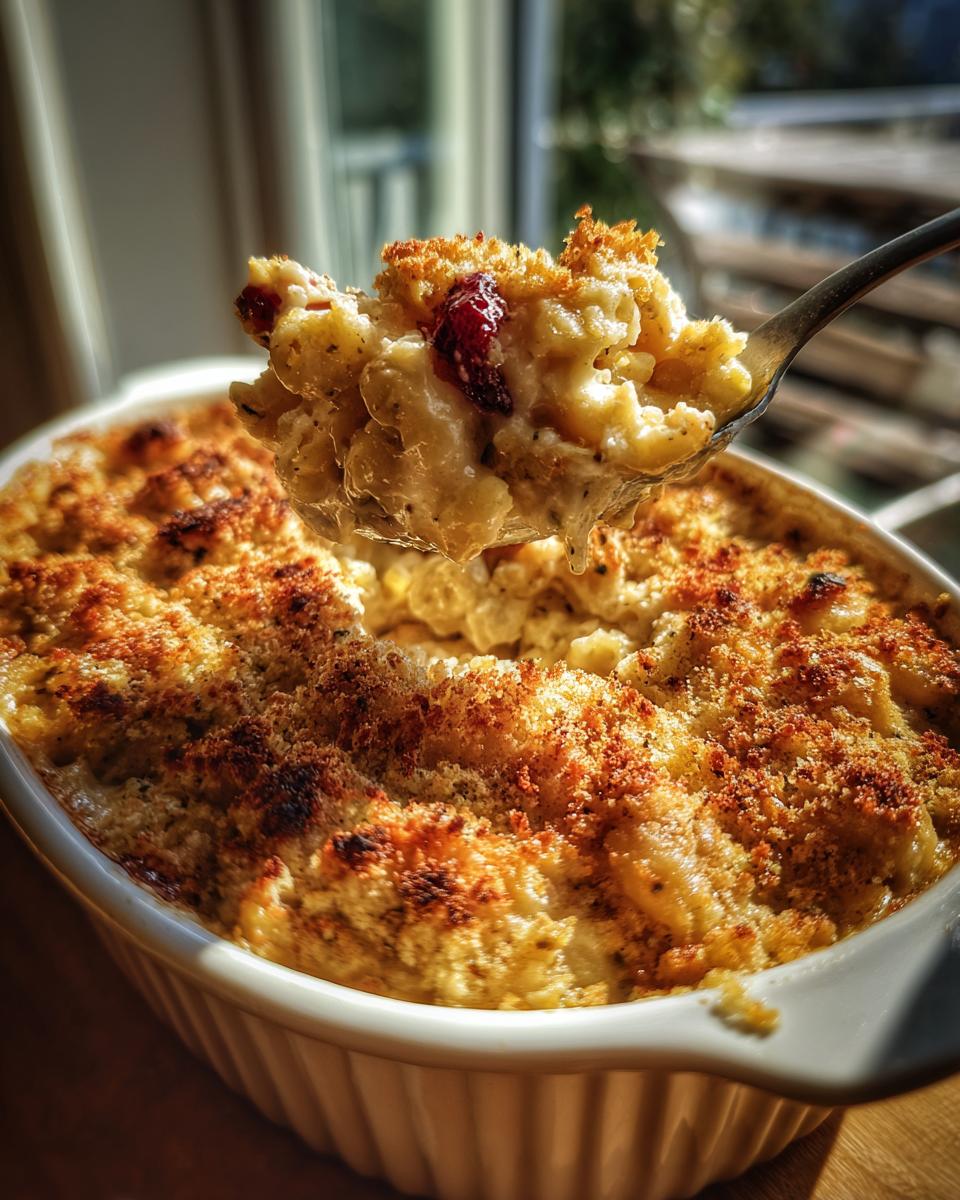 Close-up of creamy Thanksgiving Mac and Cheese being served on a spoon, showing the cheesy texture and breadcrumb topping.
