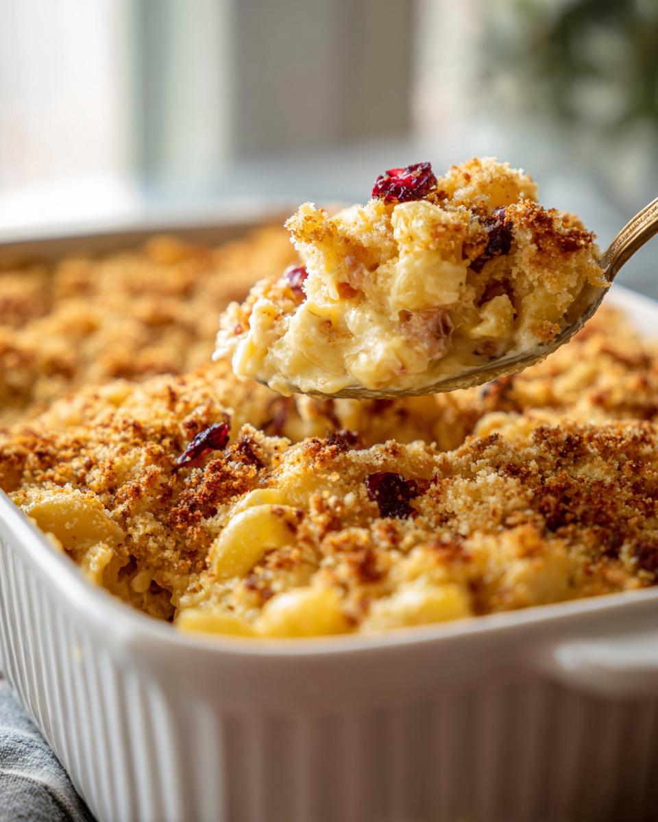 Close-up of Thanksgiving mac and cheese with a golden crust, cranberries, and a creamy sauce.